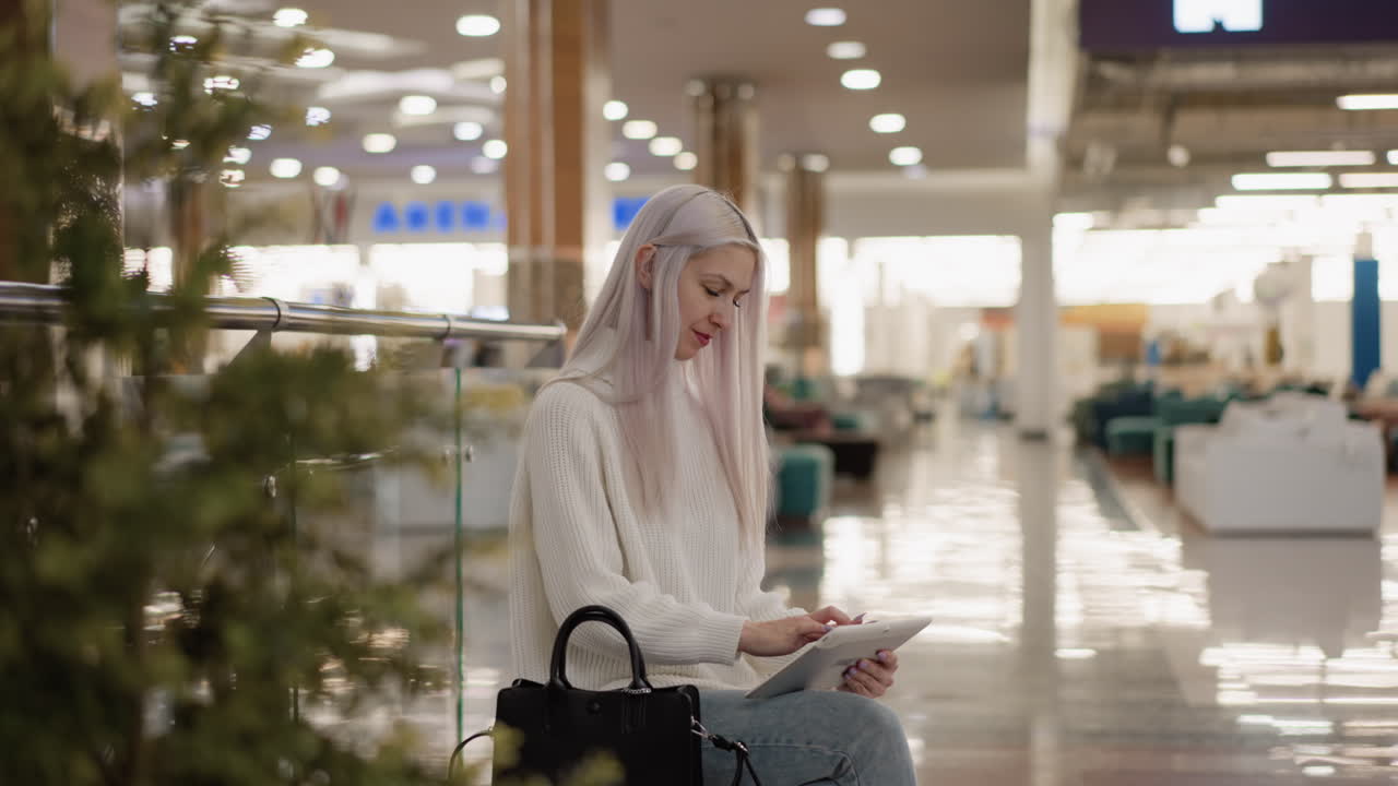 lady working on tablet seated in bright mall hallway ambient light modern interior casual outfit and handbag visible while browsing digital content relaxed atmosphere clear space background