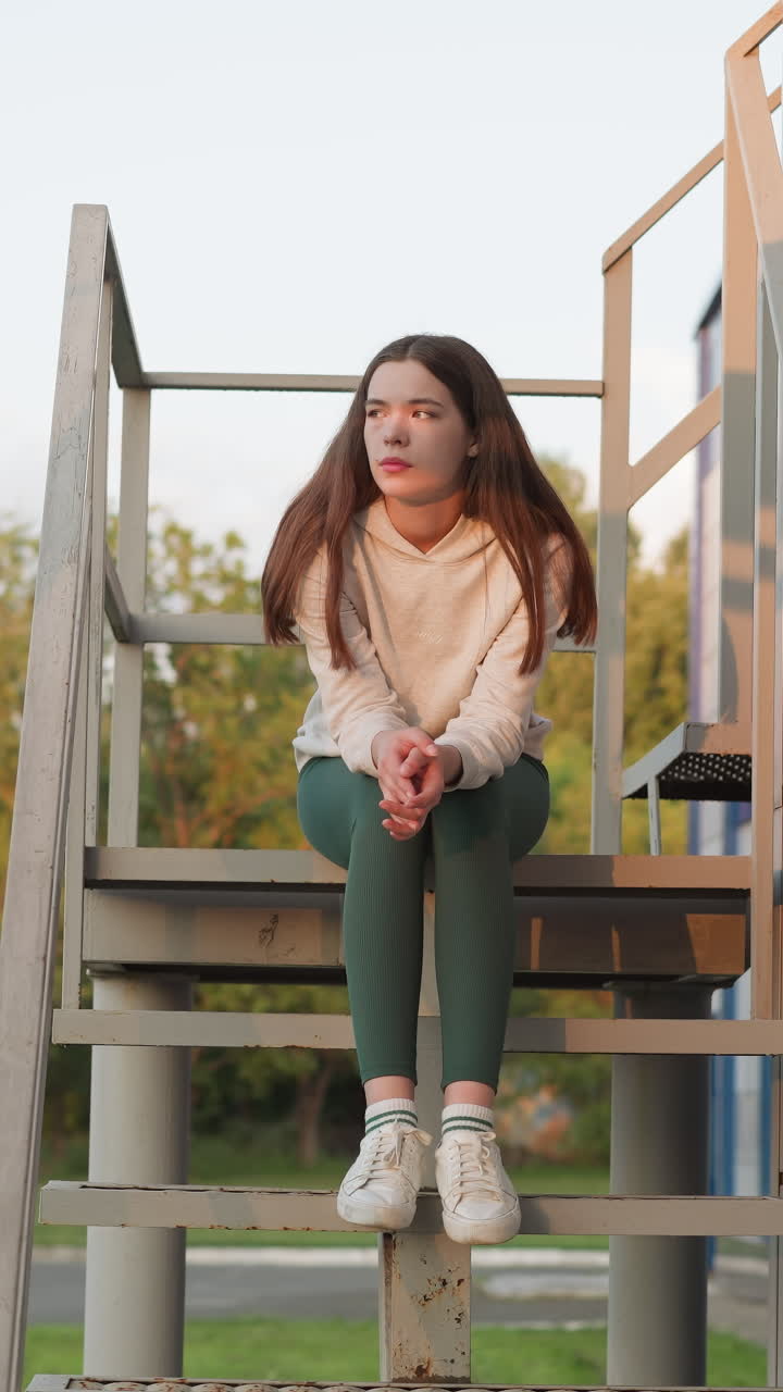 Woman sits on stairs steps of building. Industrial area and fire escape at sunset. Calm lonely lady thinks about negative situations with desire to consult psychologist