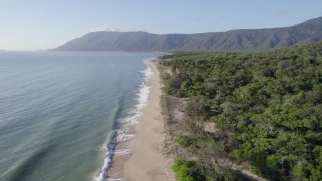 Grüne-Bäume-Entlang-Des-Leeren-Strandes-Mit-Krachenden-Wellen-Im-Sommer-In-Australien