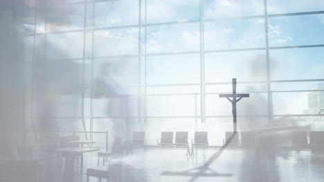 walking in bright airport terminal, blurred figures and seating near large windows
