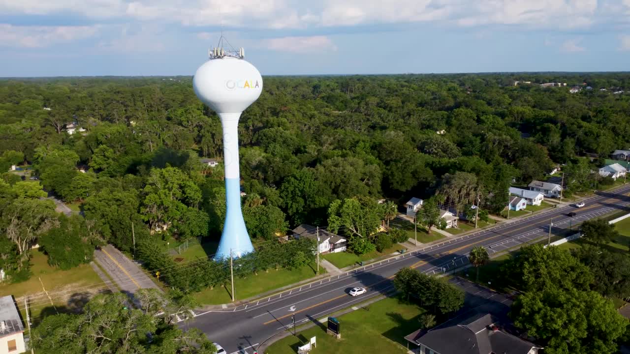 Water Tower and City Streets Ocala, Florida Drone Video