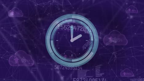 animación del reloj sobre el procesamiento de datos en fondo púrpura