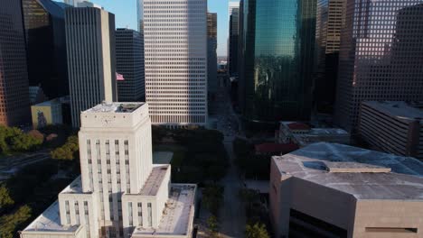 Houston-City-Hall-and-Downtown-Skyscrapers,-Texas-USA,-Drone-Aerial-View