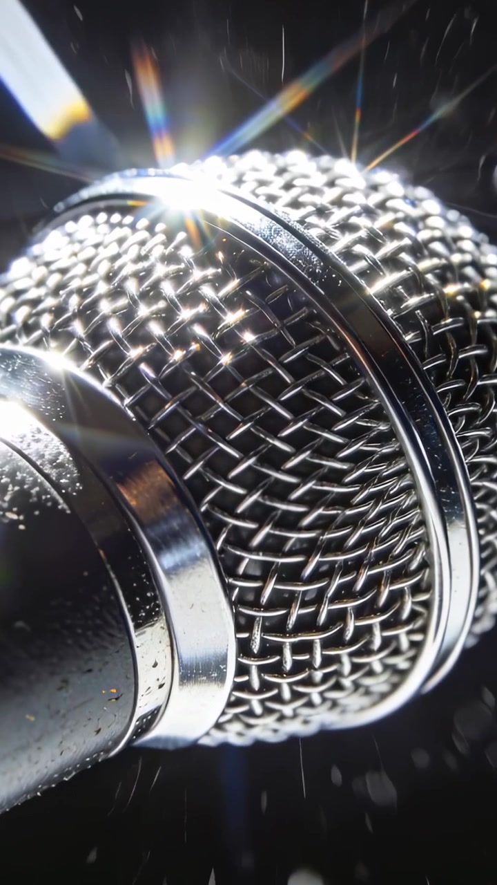 Vertical video: Shimmering mic catching starburst as bright light striking grille in studio dust