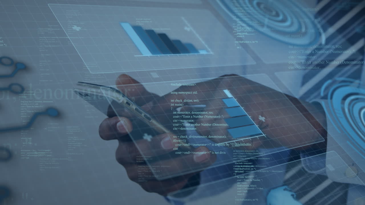 Person using smartphone with data charts and coding overlay animation