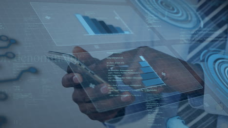 person using smartphone with data charts and coding overlay animation