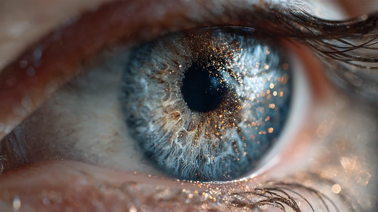 Close-Up Exploration of an Eye Capturing Intricate Details and Sparkling Elements in the Iris and Pupil's Texture