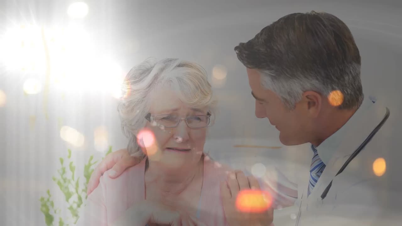 노인 여성 환자를 지원하는 백인 남성 의사에 대한 야간 도로 교통의 애니메이션