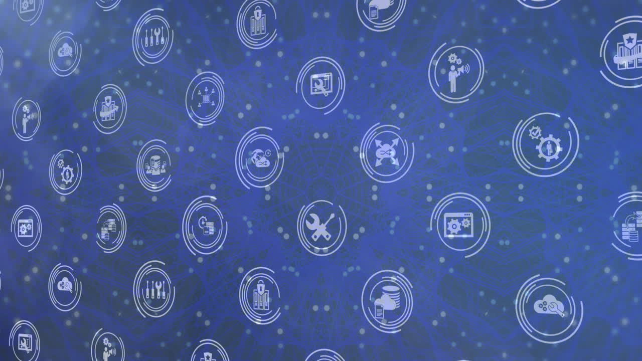 animación del icono en círculos de carga sobre llamaradas de lente y puntos que se mueven en patrón circular