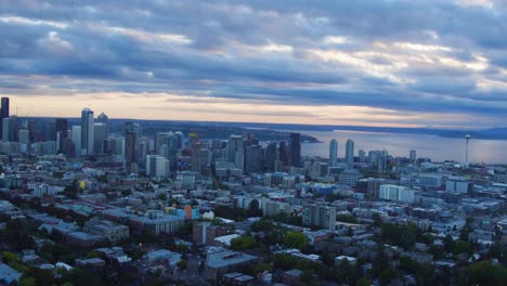 blue overcast aerial of seattle, washington on a cold and cloudy day circa 2016.