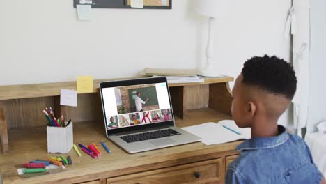 compuesto de un niño que usa una computadora portátil levantando la mano en una lección en línea, un maestro y una clase diversos en la pantalla