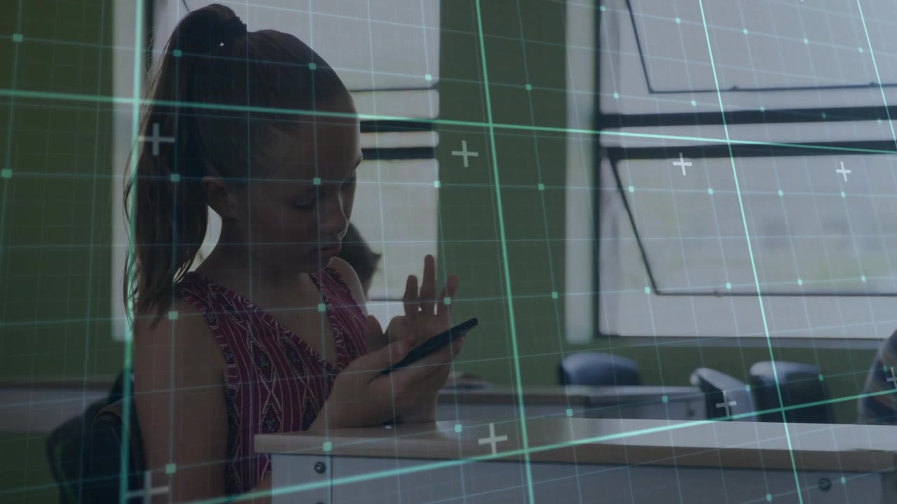 Vertical video: Girl tapping phone and swiping, starting teal grid while studying in classroom