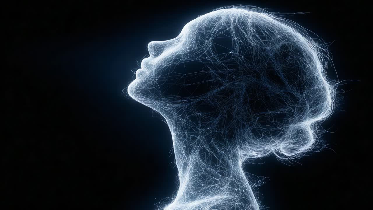 A Glimpse into Ethereal Beauty: Visually Captivating Representation of a Feminine Silhouette Illuminated by Intricate Luminous Patterns Against a Dark Background