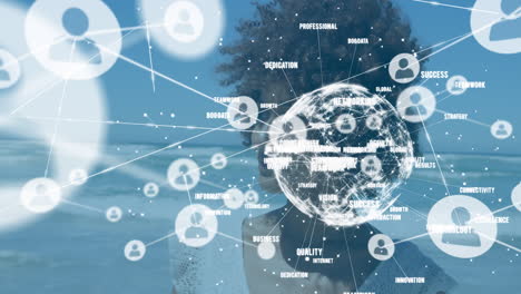 animation of network of connections with icons over african american woman at beach
