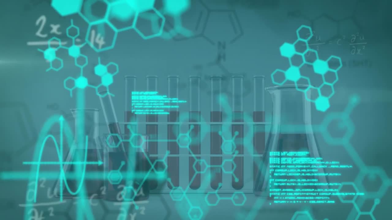 animación del procesamiento de datos científicos sobre tubos de ensayo de laboratorio sobre fondo verde