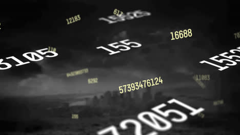 animation of falling numbers over cityscape