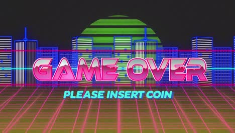 animation of game over and please insert coin text over grid pattern against buildings and sun