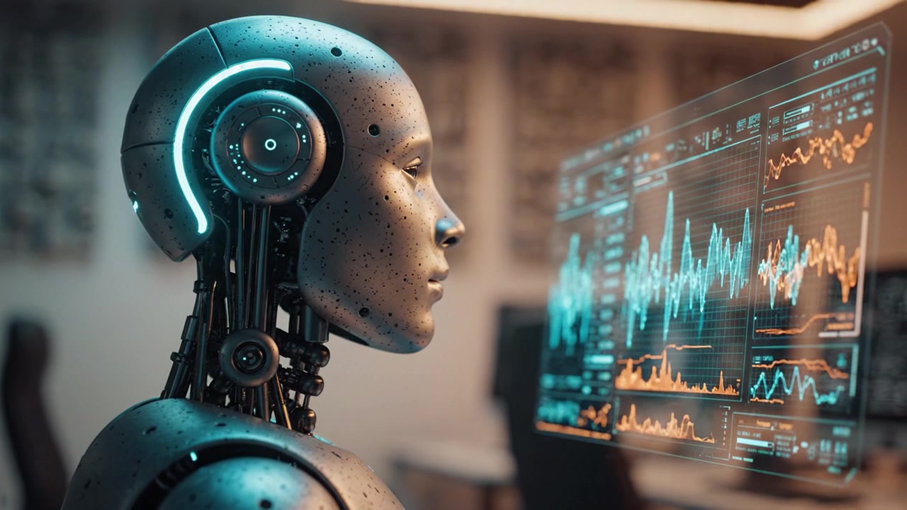 Futuristic Robot Analyzing Data Visualization on Display, Showcasing Advanced AI Technology and Human-like Features in a Modern Workspace Environment