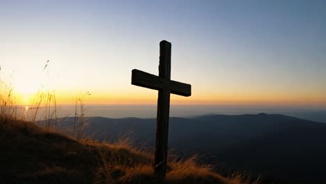 sunrise illuminating a wooden cross atop a mountain, creating a serene and spiritual atmosphere in nature