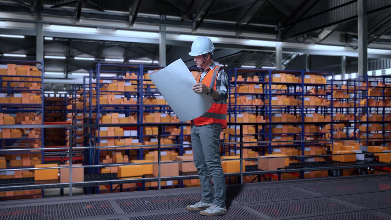 vista lateral completa del cuerpo de un ingeniero masculino asiático con casco de seguridad mirando el plano en sus manos y mirando a su alrededor mientras estaba de pie en el almacén con estantes llenos de productos de entrega
