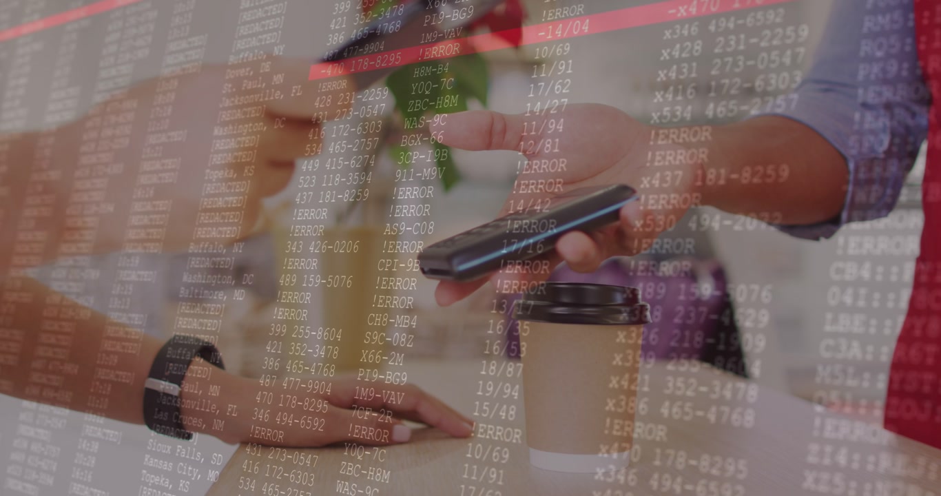 Animation of data processing over woman using smartphone
