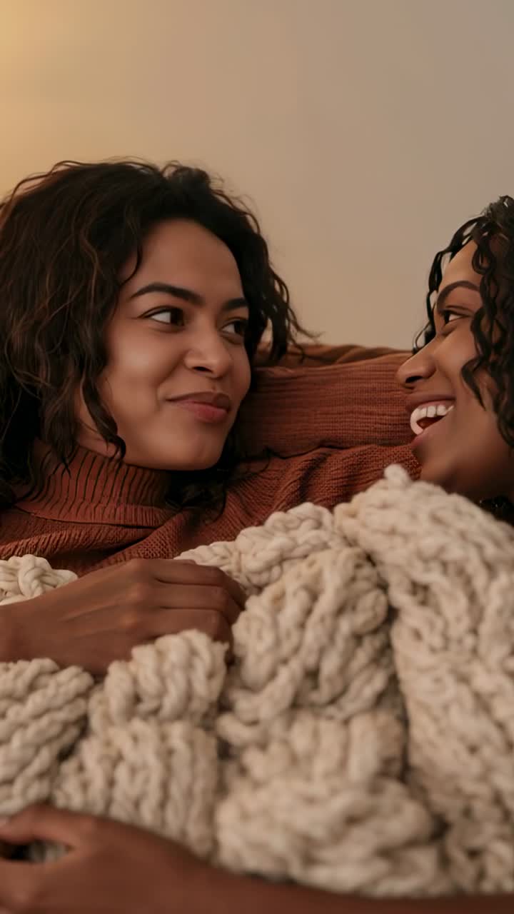Video verticale: incontro tra gli sguardi di 2 donne su un divano che si sporgono affettuosamente sotto una coperta, una con un top color ruggine