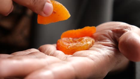 closeup of a hand holding dried apricots