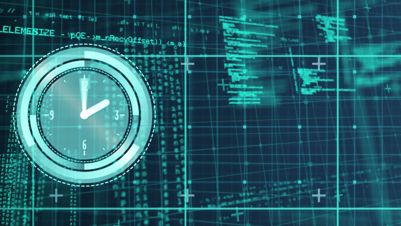 Animation of neon ticking clock and data processing over grid network against blue background