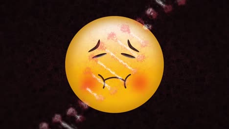 Digital-animation-of-dna-structure-spinning-over-sick-face-emoji-against-black-background