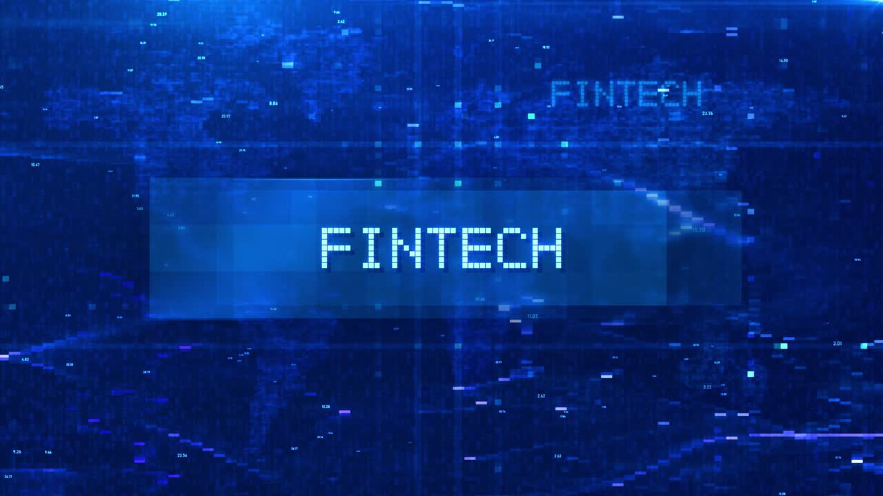 Fintech Digital Text Animation over Futuristic World Map and HUD Effects
