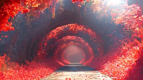 a tunnel of red leaves in the middle of a road