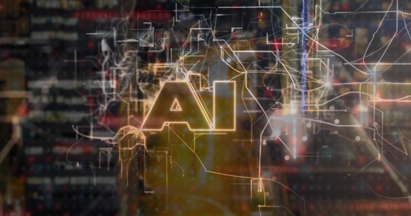 Flickering data matrix initiating lines forming glowing AI with shifting pulses visualizing AI