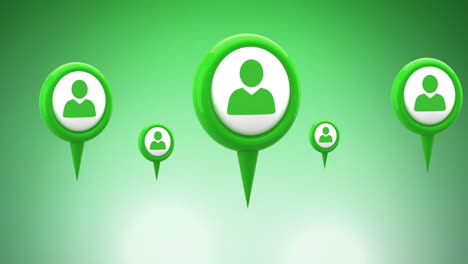 animación de alfileres de ubicación verdes con iconos de personas en fondo verde