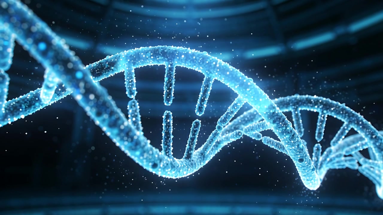 Hélice de DNA brilhante se abrindo enquanto quadros se movem, se deslocam e giram em uma câmara anelada, mostrando partículas.