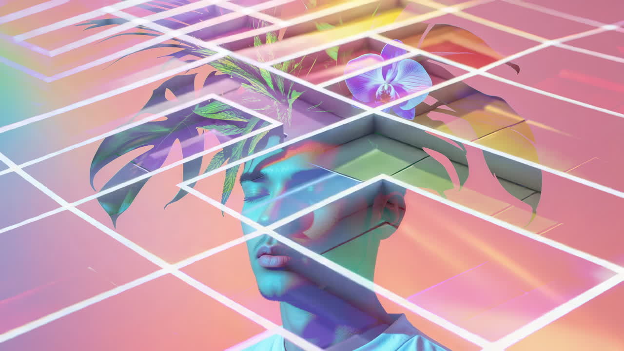 Surreal Portrait with Tropical Foliage and Geometric Grid