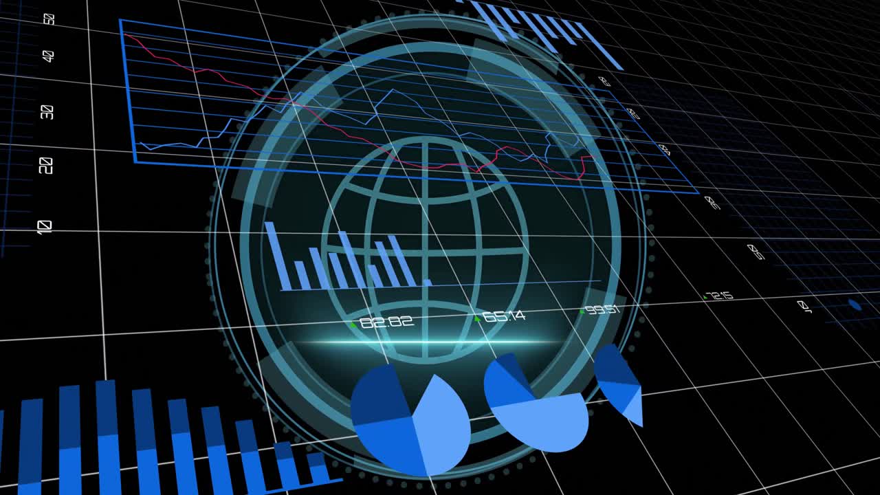Animation of statistical data processing, cyber security text and web globe icon on black background