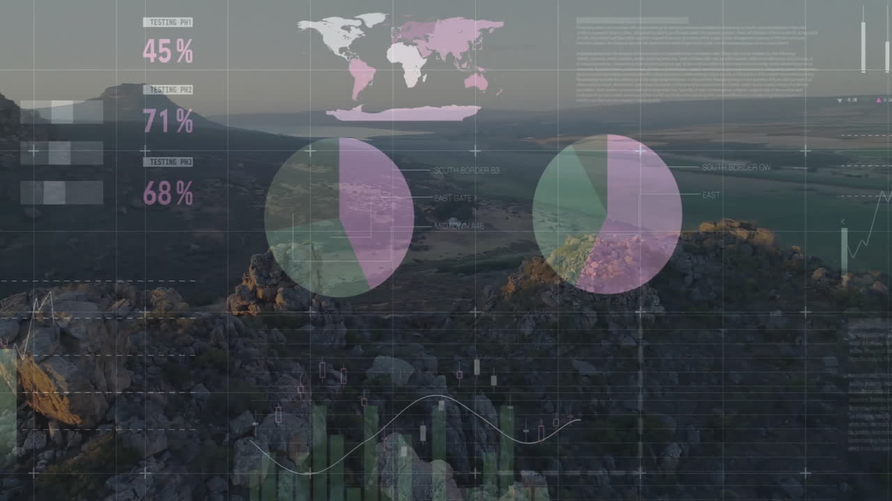 Data analytics and statistics animation over aerial view of rocky landscape
