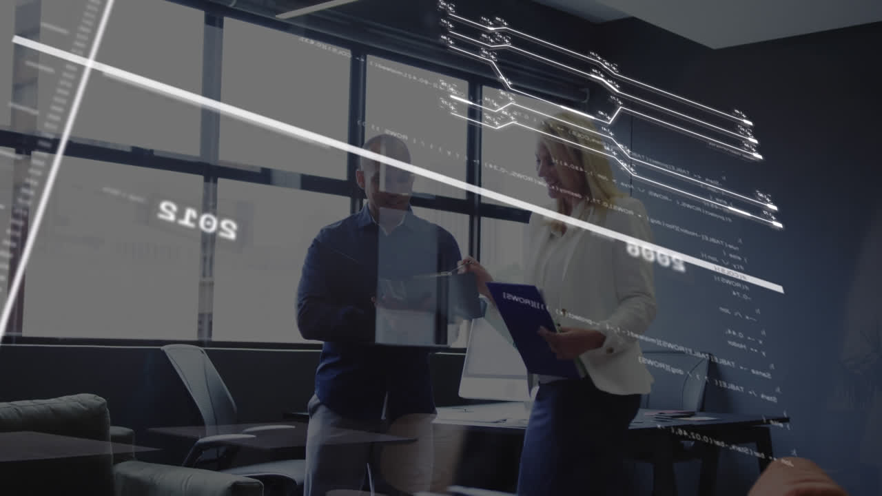 анимация линий, изменение чисел и компьютерного языка, различные коллеги обсуждают отчеты