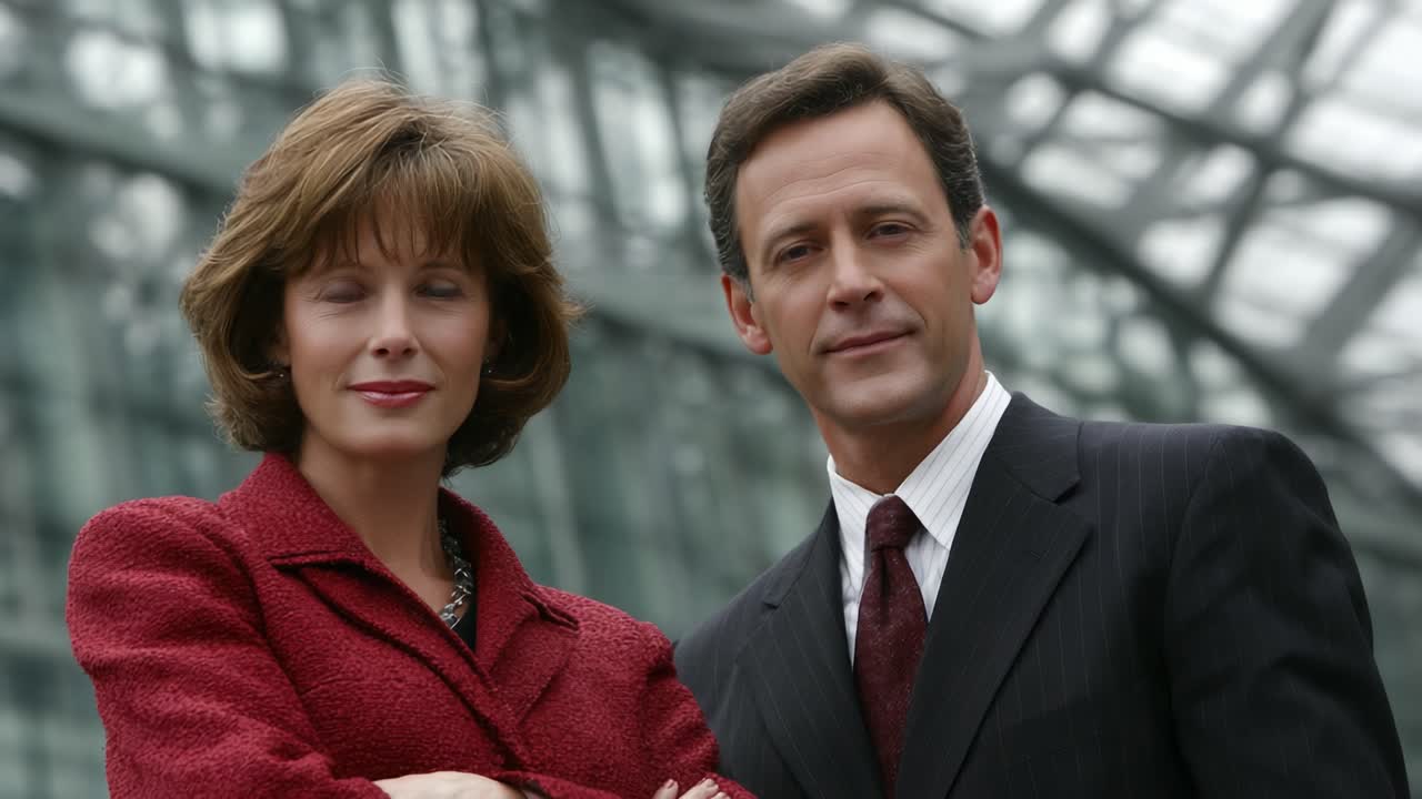 Professional Pair Posing Confidently in a Modern Glass Building, Exuding Excellence and Leadership in Business Attire with a Contemporary Background
