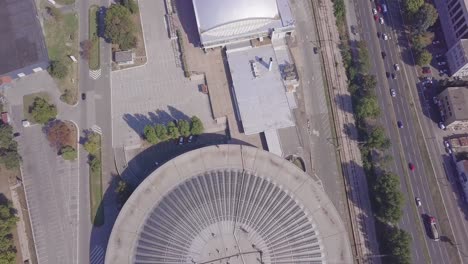 Beautiful-aerial-opening-shot-of-Belgrade-fair-and-city-centre-in-summer-day