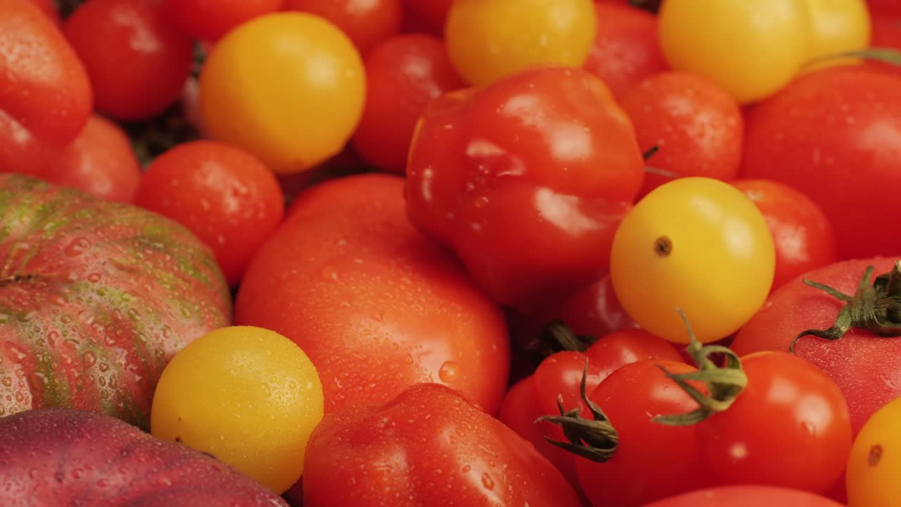 Colorful organic tomatoes. Mix tomatoes background, Several varieties of sliced tomatoes top view. Different assorted colorful tomatoes, heirloom, cherry, rose, beefsteak, cocktail, grape, purple.