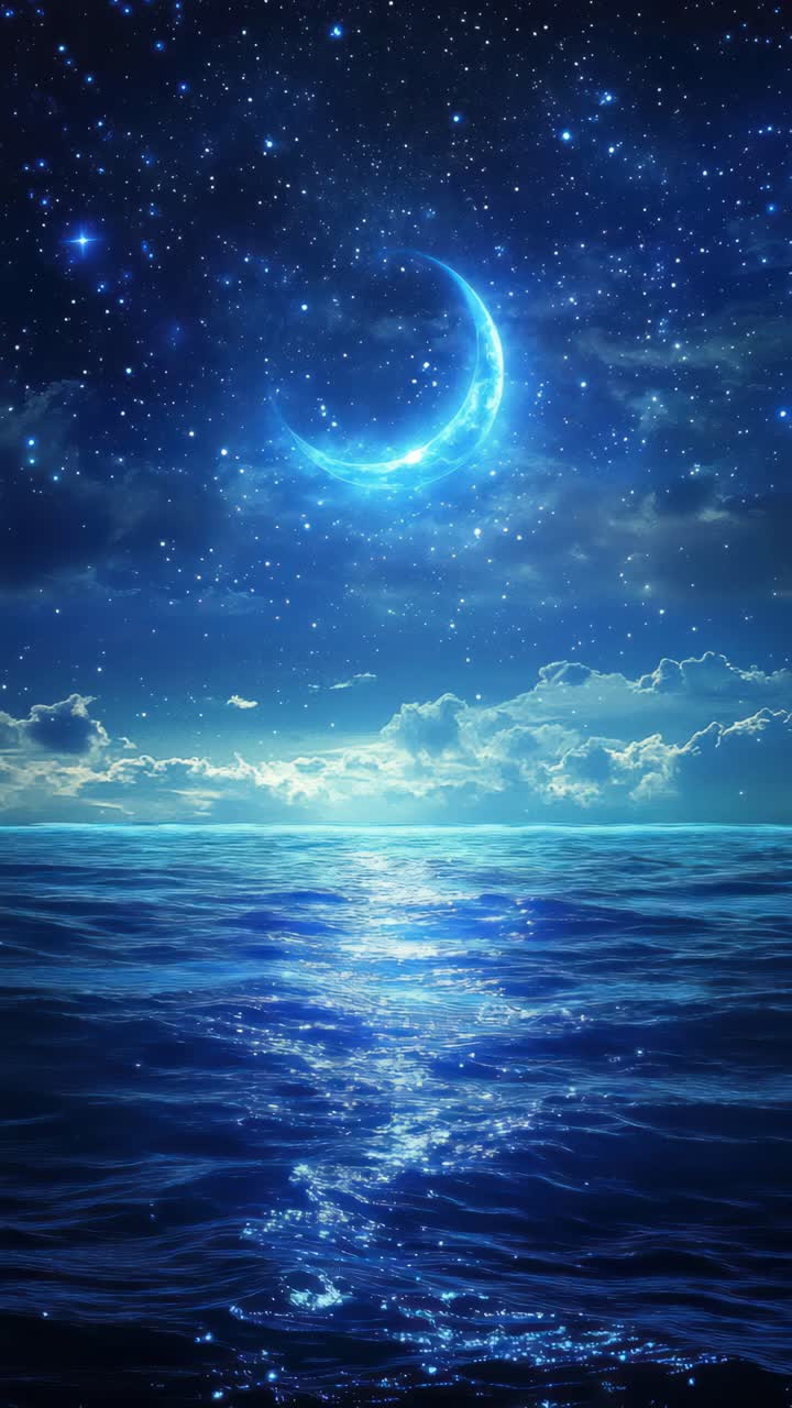 A serene, dreamy night scene with a crescent moon over a calm ocean