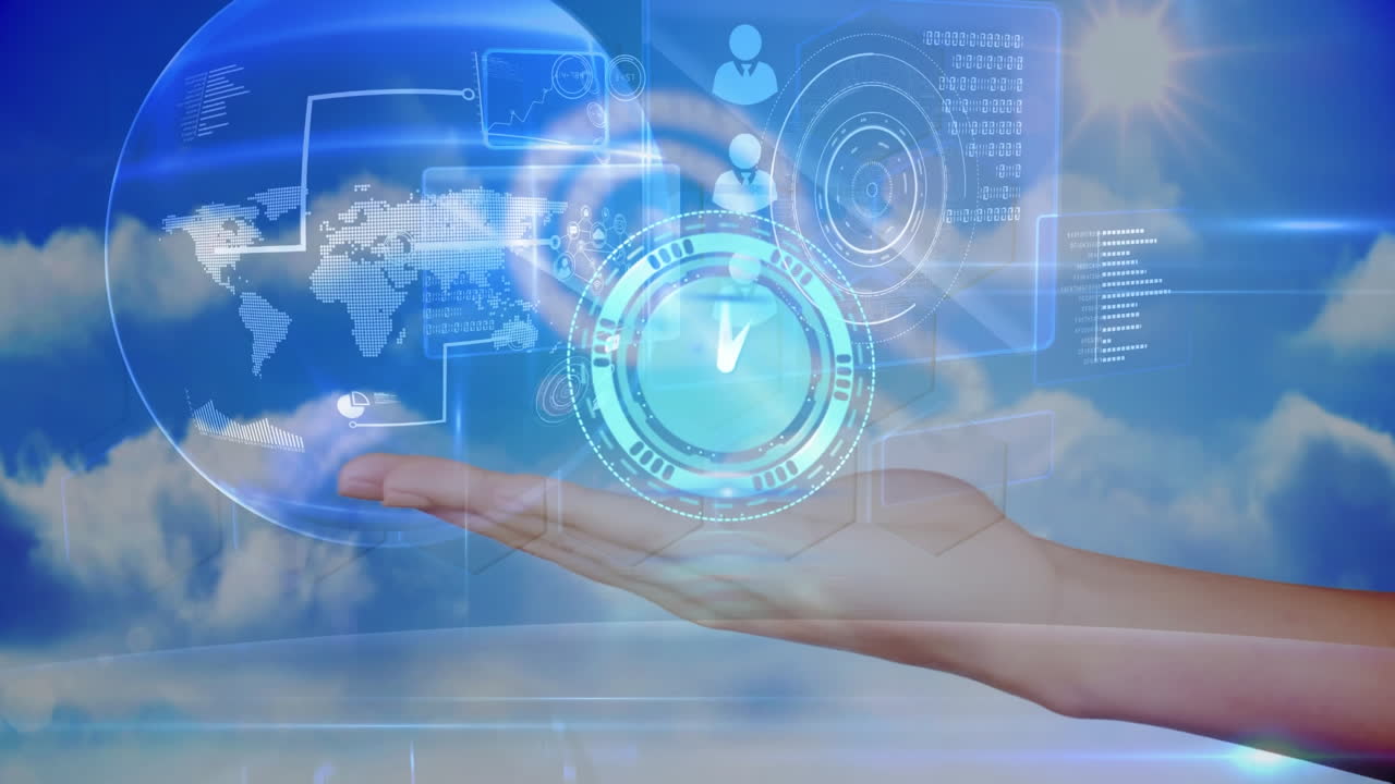 구름 위에 있는 시계, 지구, 코카서스 손의 애니메이션