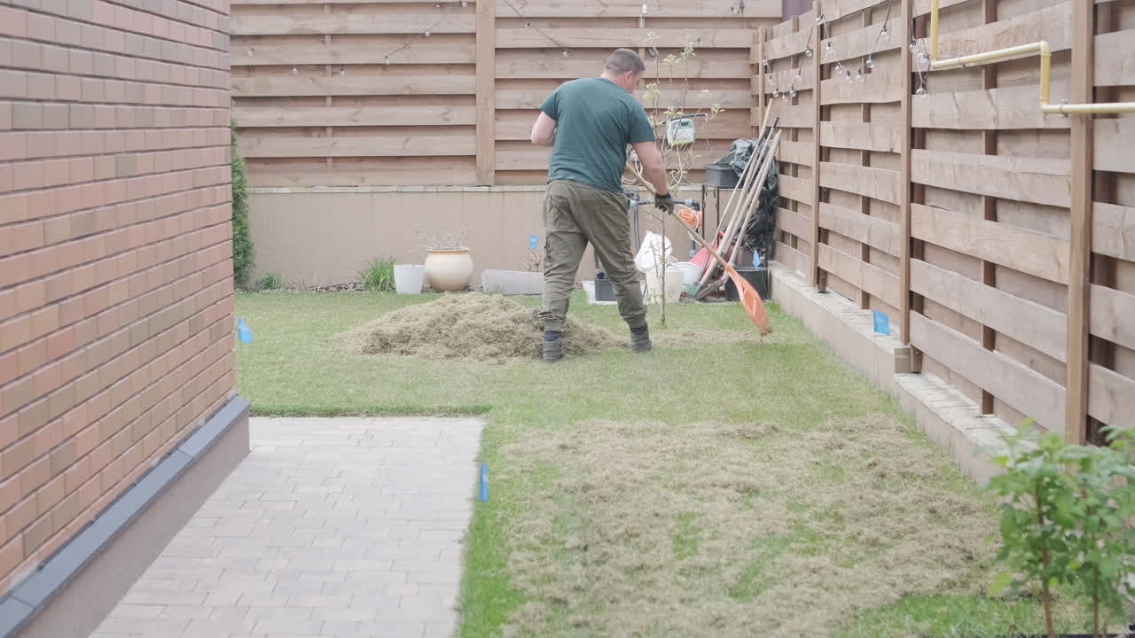 Man Raking Dry Grass from Lawn in Backyard