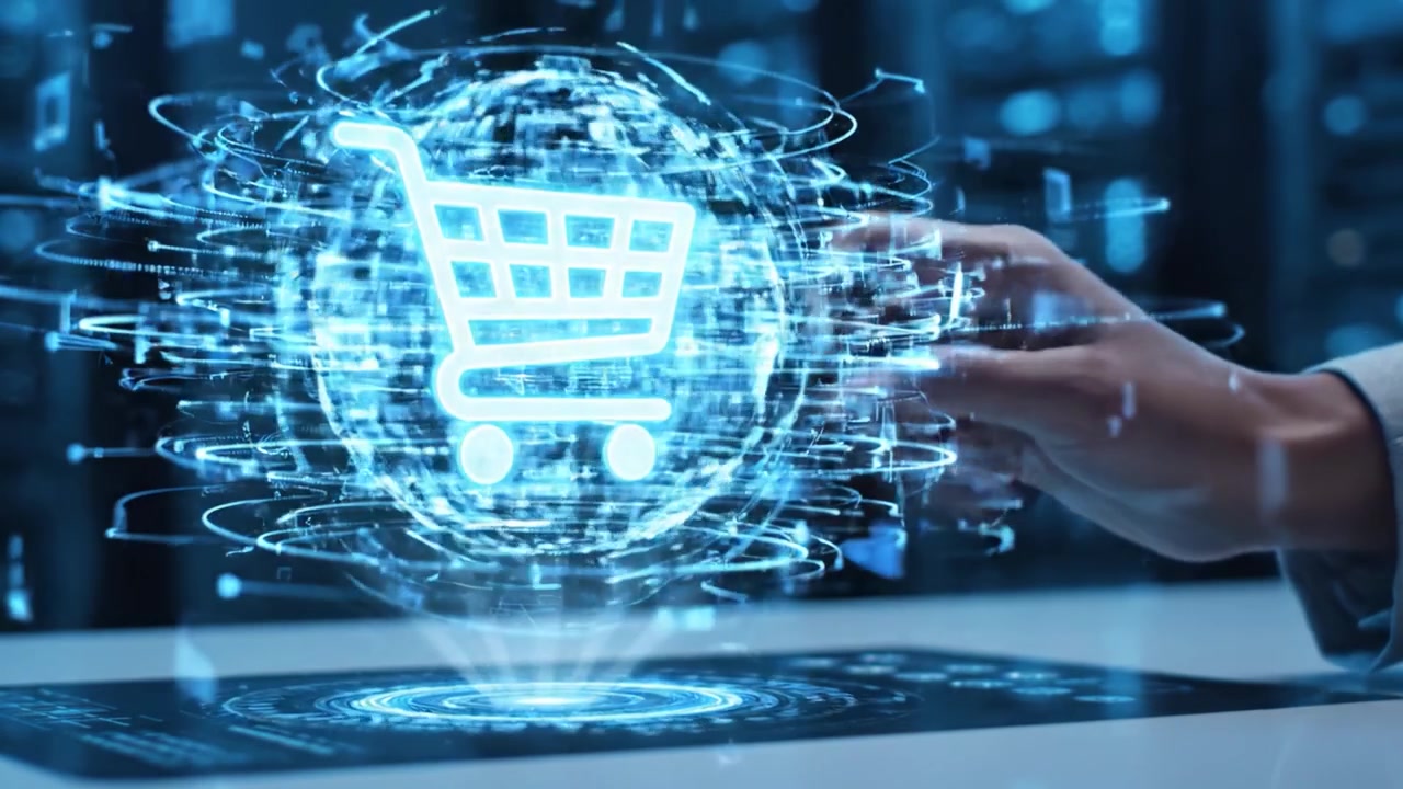 Uma Interação Moderna: Usuário Interage com uma Interface Digital Avançada Exibindo um Carrinho de Compras Virtual em um Ambiente de Alta Tecnologia