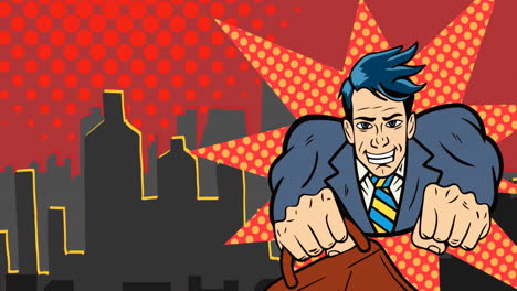 animation of retro cartoon speech bubbles and superhero flying over cityscape on red background