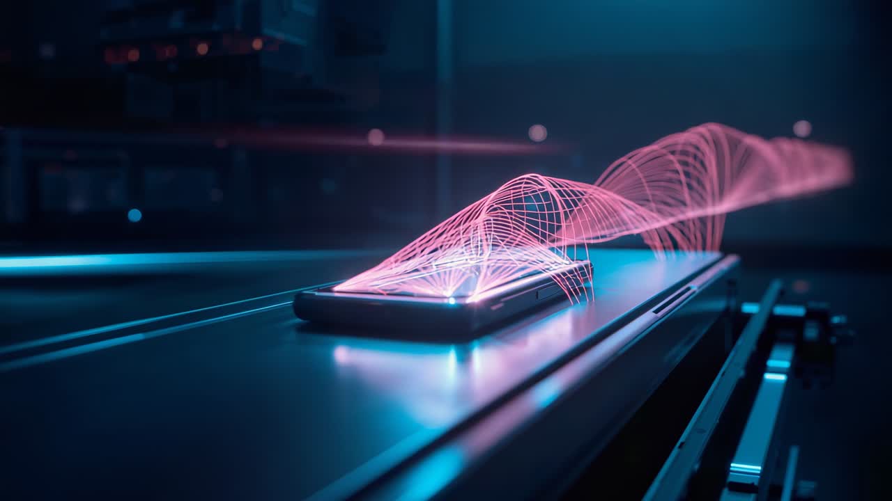Emitting neon light smartphone projecting holographic waves along conveyor belt in lab for demo