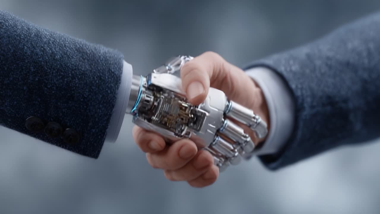 A seamless handshake between a human hand and a robotic arm, symbolizing the merging of technology and humanity, highlighting the advancements in artificial intelligence and robotics