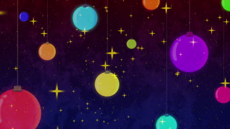 adornos coloridos en un fondo navideño con estrellas cadentes