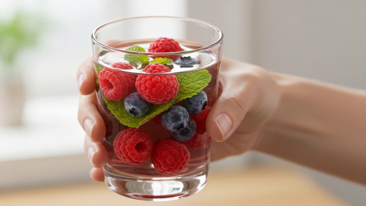 A Refreshing and Vibrant Beverage Featuring Fresh Raspberries and Blueberries with Mint Leaves, Captured in a Clear Glass - Perfect for a Summer Drink